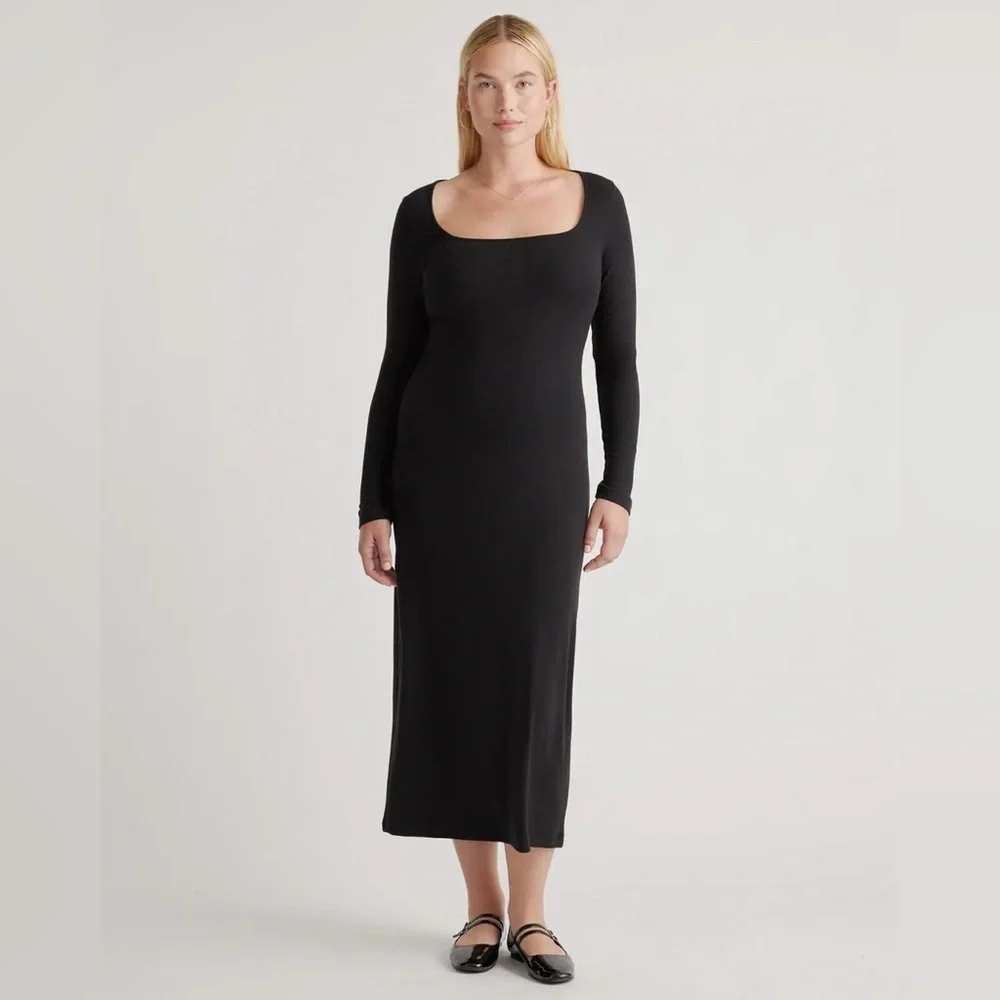 Quince Black Tencel Rib Knit Long Sleeve Maxi Dress M
